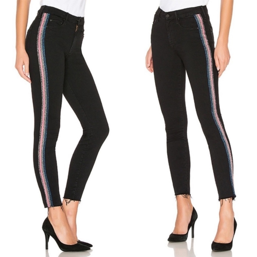 Mother High Waisted Looker Ankle Fray in Guilty Glitter Racer Black Size 26